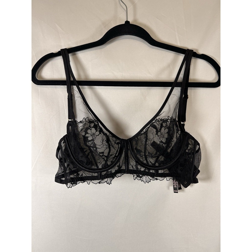 Victorias Secret 36B Unlined Plunge Underwire Lace Bra Sheer Lingerie Black